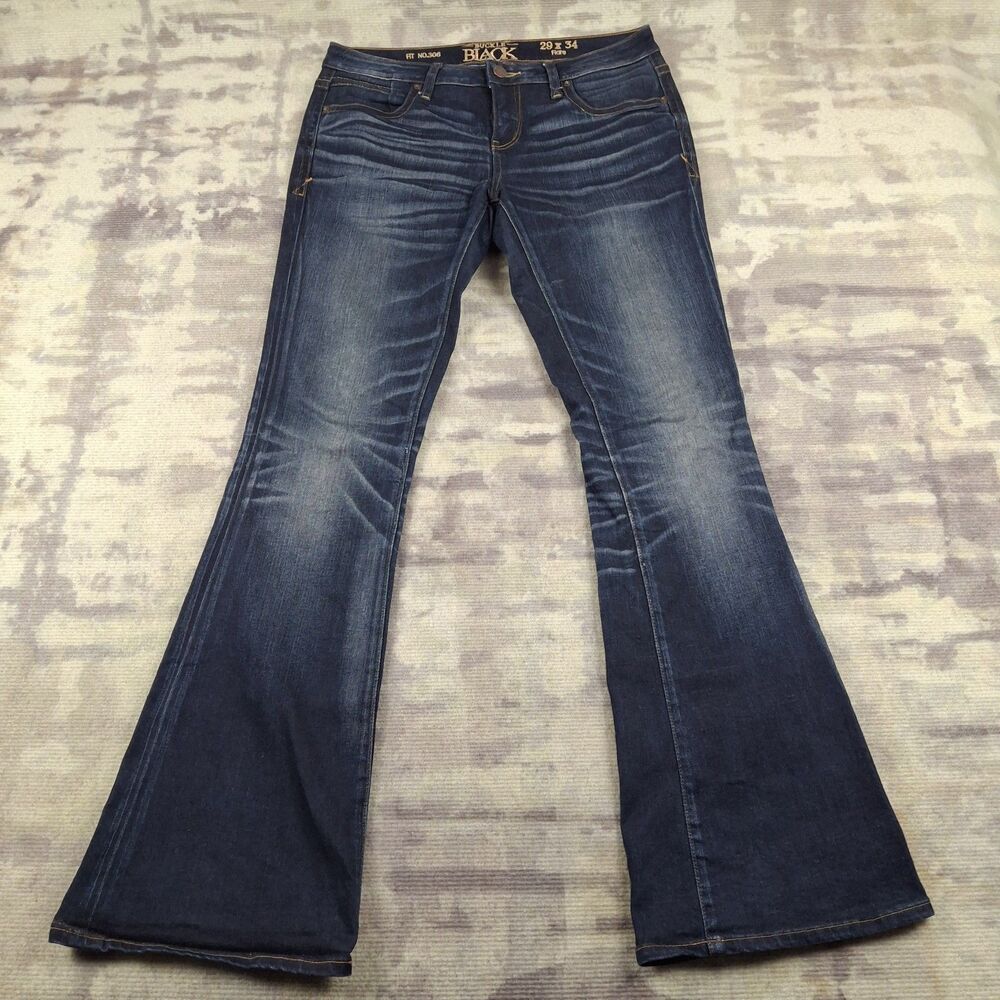 Buckle Black Jeans 306 Womens 29x34 Flare Low Rise Dark Wash Whiskered Denim 29